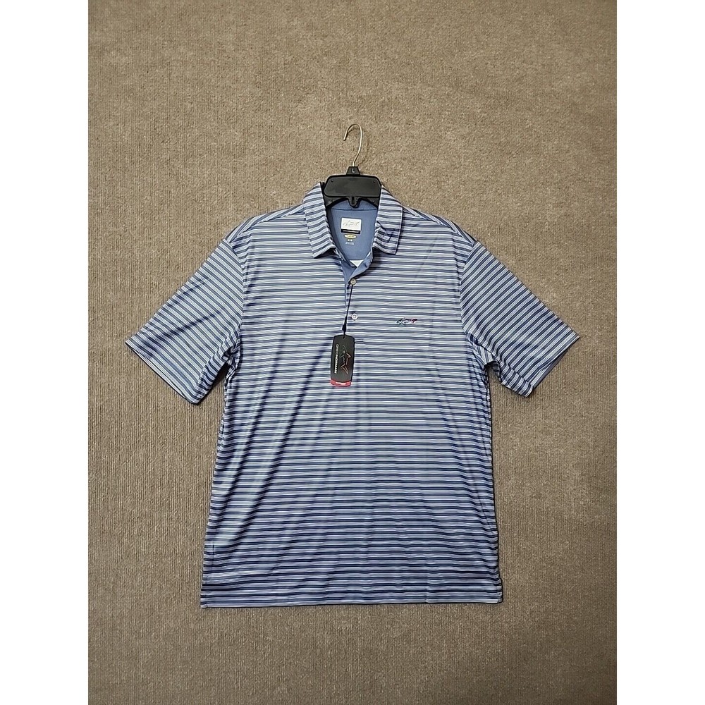 Greg Norman Performance Play Dry Golf Polo Shirt Mens M Blue Striped Stretch NEW